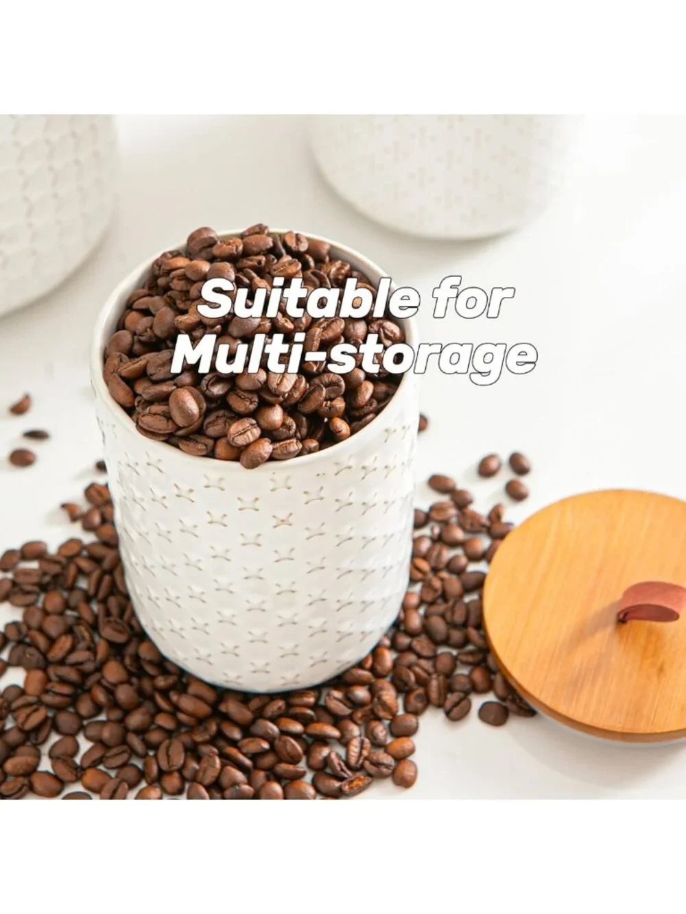 Airtight White Ceramic Canister Set with Wooden Lids - 3-Piece Kitchen Storage